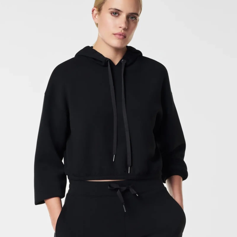 SPANX Air Essentials Black Cinched Cropped Hoodie- Size Medium